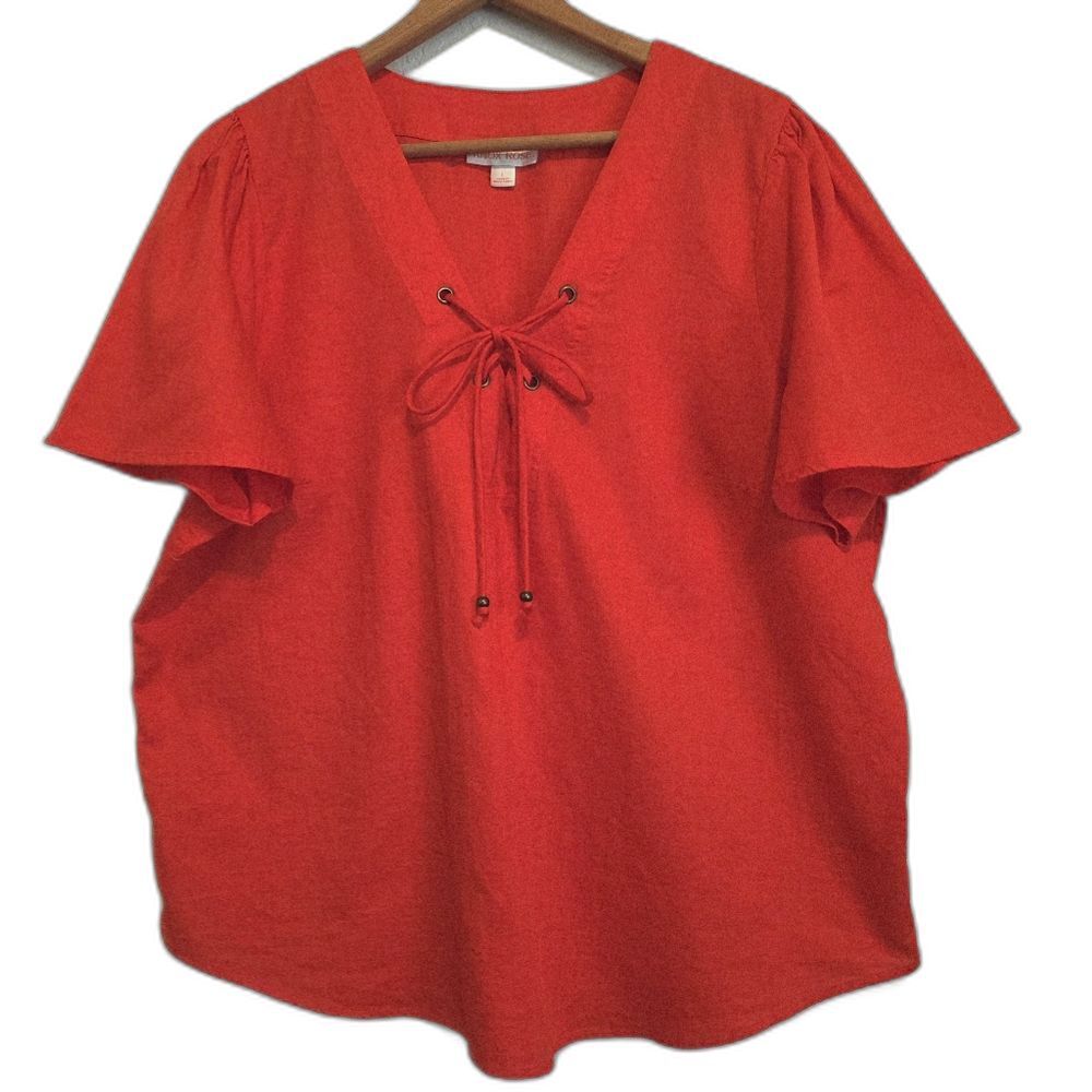 Knox Rose Red Short Sleeve Top Lace Front Peasant Spring Vacation Size Large